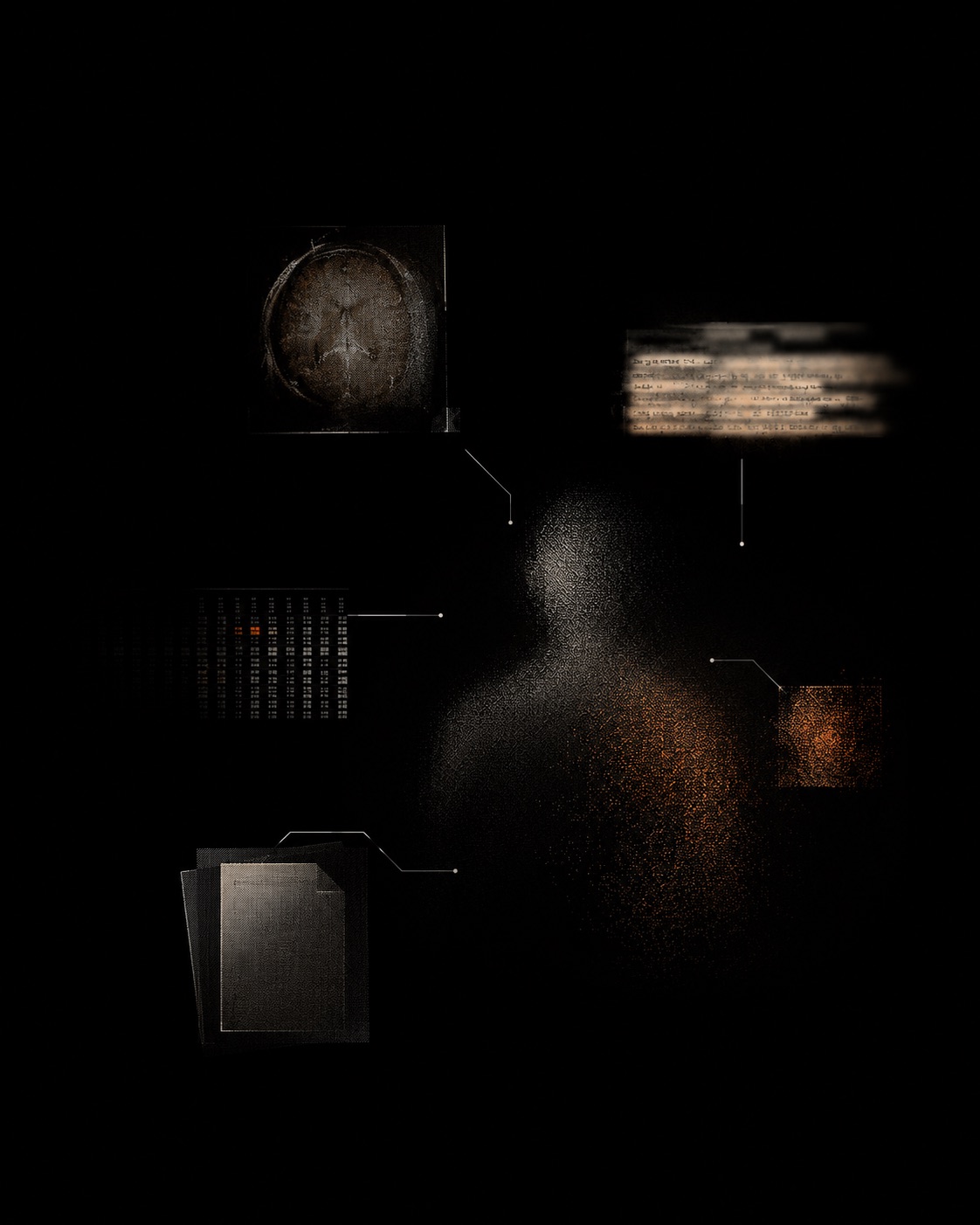 Fragmented patient data signals around a human silhouette